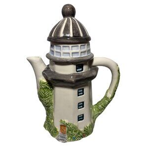 Lighthouse Teapot Ceramic With Lid 8" Tall Beach Lake House Nautical